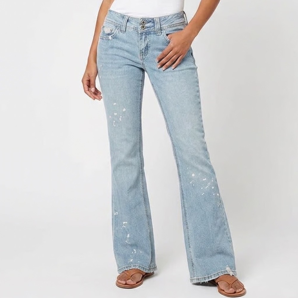 Bongo Vintage Y2K Paint Splatter Flare Jeans Light Wash Distressed Size 5